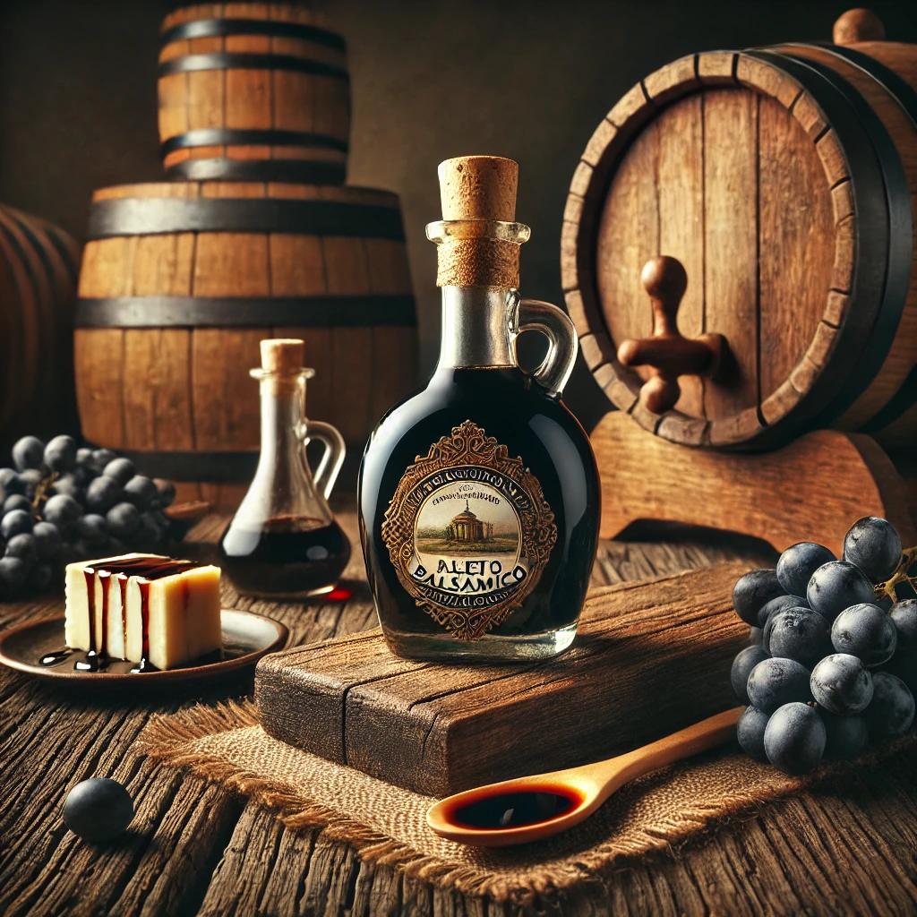 Flasche mit hochwertigem Balsamico-Essig vor Holzfässern, umgeben von Weintrauben, einem Holzlöffel mit Essig und einem mit Balsamico beträufelten Stück Käse auf rustikalem Holztisch.