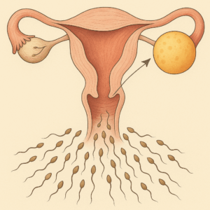 schematische Darstellung von Spermien auf dem Weg zur Eizelle