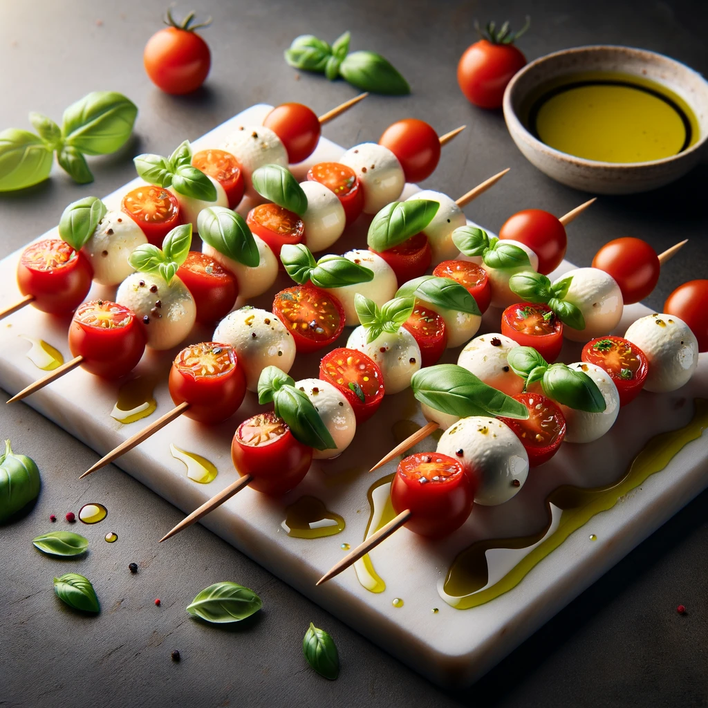 Minni-Caprese-Spieße auf einer rechteckigen, hellgrauen Marmorplatte.
