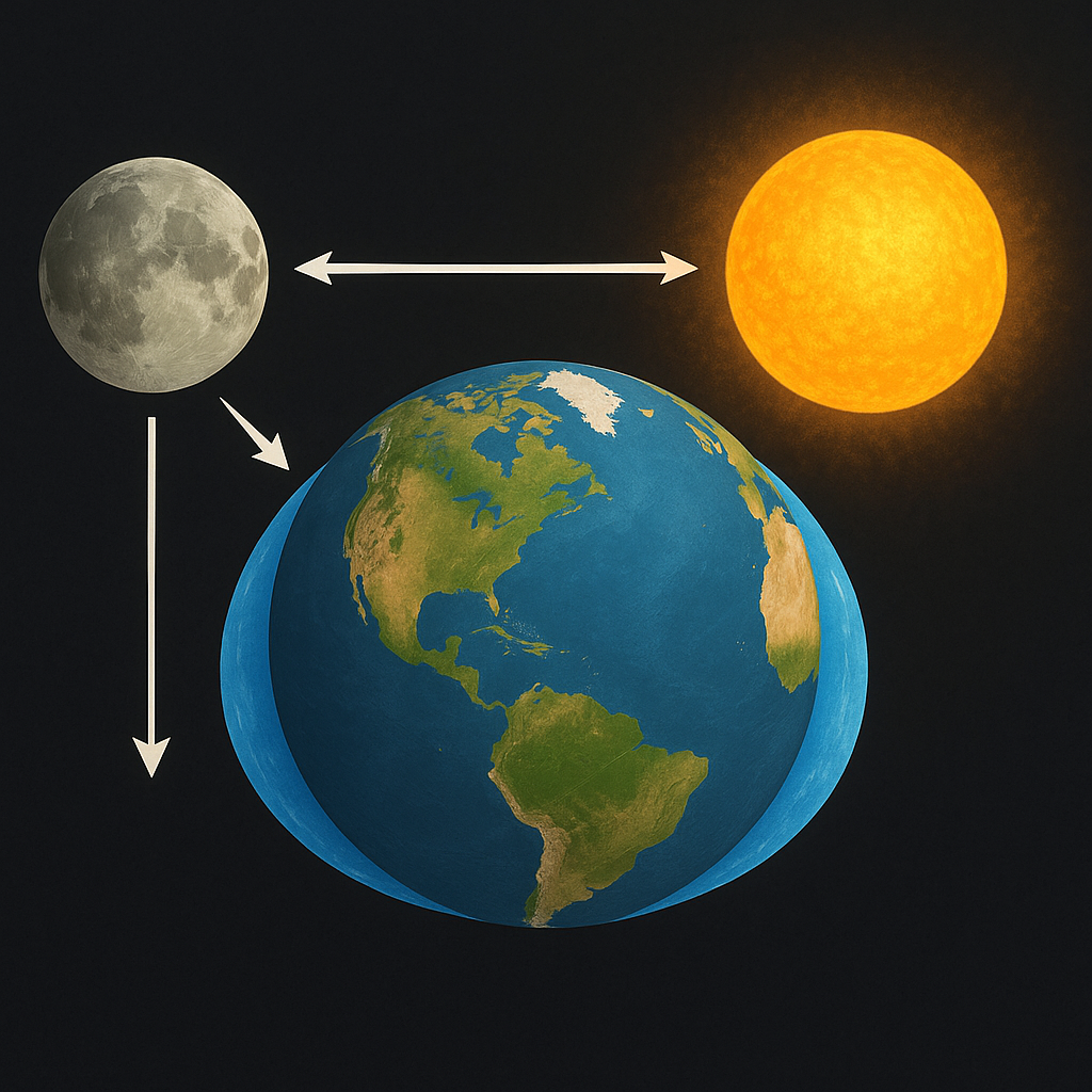 Schematische Darstellung von Erde, Mond und Sonne im Weltraum; zwei Wasser-Auswölbungen an der Erde zeigen die Flutberge, Pfeile vom Mond und zwischen Mond und Sonne veranschaulichen die Anziehungskräfte, die die Gezeiten erzeugen.