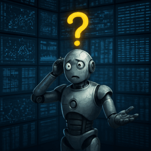 Ein ratloser Roboter steht vor einer Wand voller Datenbildschirme. Mit weit geöffneten Augen und fragender Geste blickt er nach oben, über seinem Kopf leuchtet ein großes gelbes Fragezeichen.