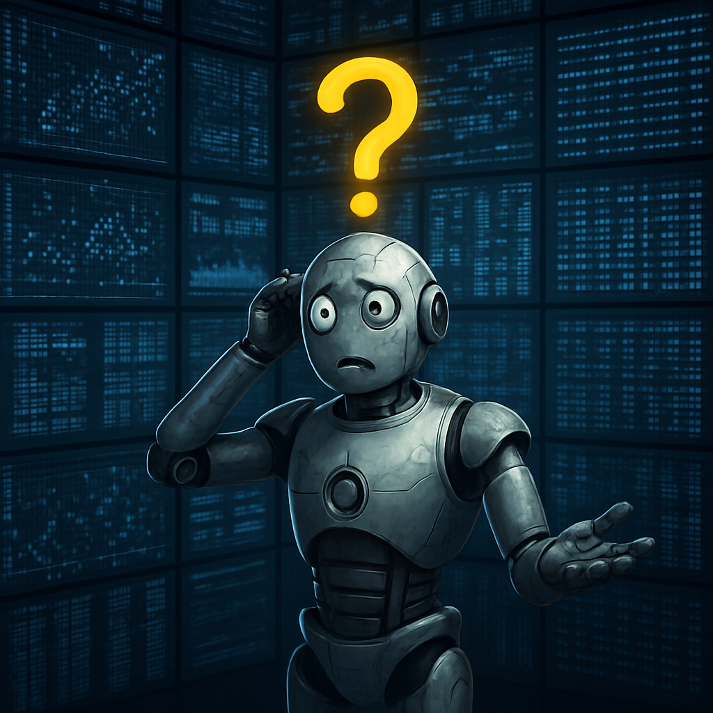 Ein ratloser Roboter steht vor einer Wand voller Datenbildschirme. Mit weit geöffneten Augen und fragender Geste blickt er nach oben, über seinem Kopf leuchtet ein großes gelbes Fragezeichen.