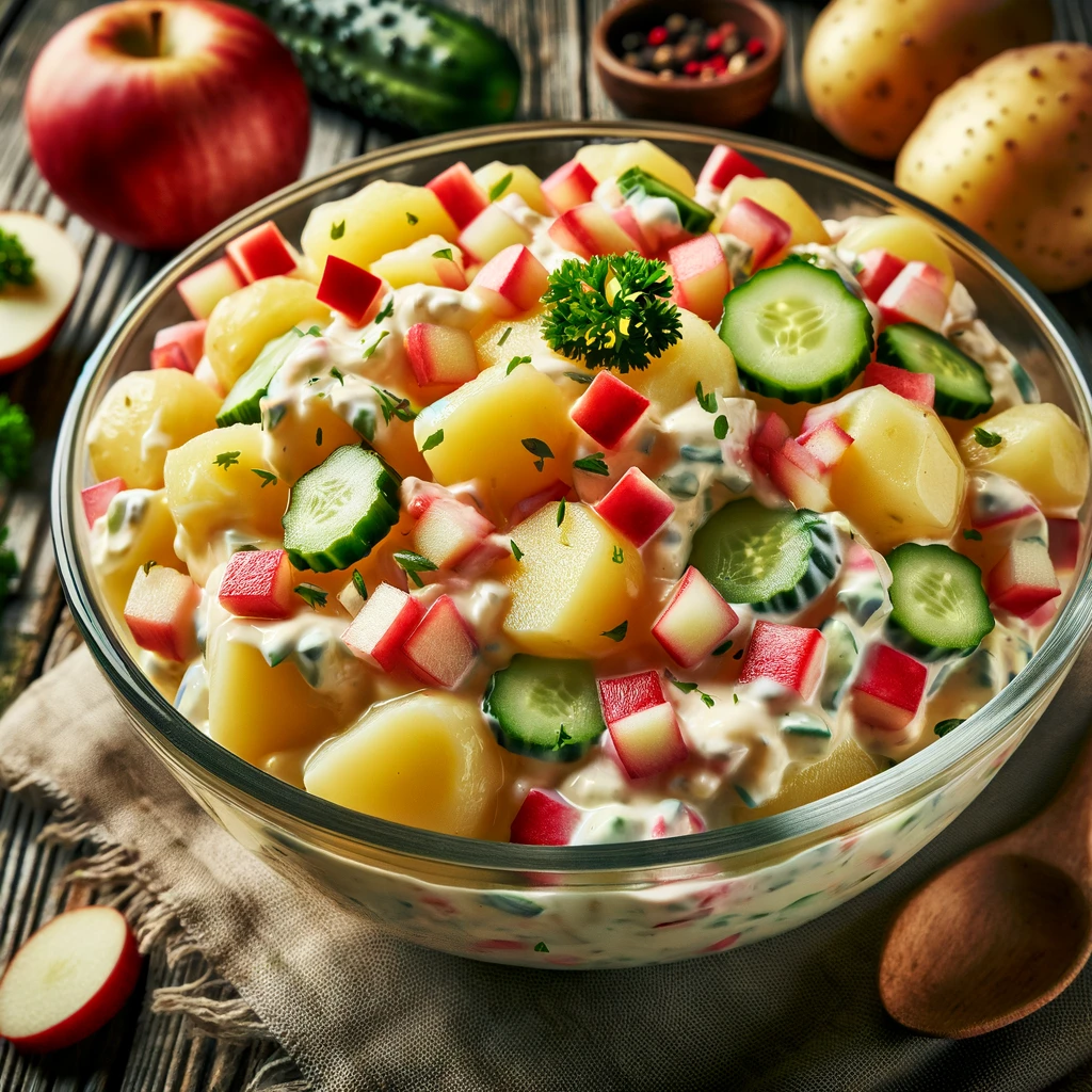Kartoffelsalat mit Gurkenscheiben, apfelstückchen und gehackter Petersilie