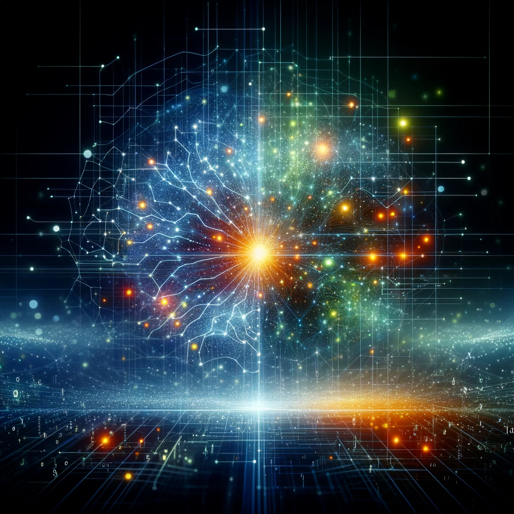 Das Bild zeigt eine visuelle Interpretation von künstlicher Intelligenz, zentriert um eine leuchtende digitale Struktur, umgeben von einem digitalen Universum.