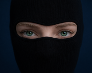 Alexandra Kern alias Quiet Panther mit schwarzer Sturmhaube – sichtbar ist nur die Augenpartie mit smaragdgrünen Augen